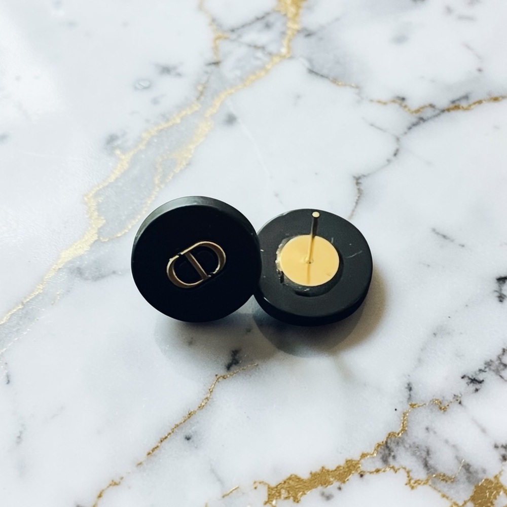 Luxury Black/Gold Signature Logo Upcycled Button Earrings 17mm - Picture 2 of 2